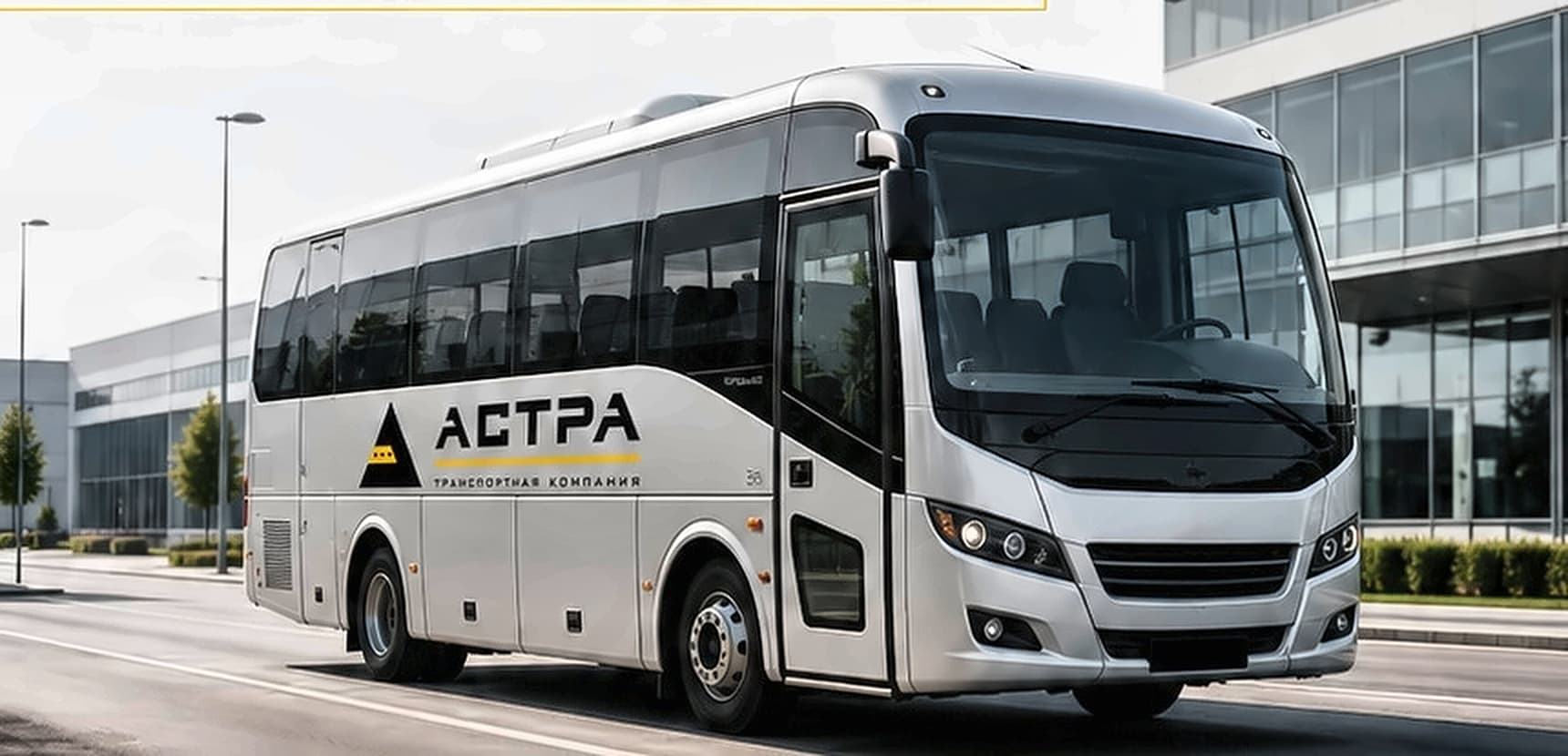 Визуализация фирменного автобуса АСТРА у предприятия