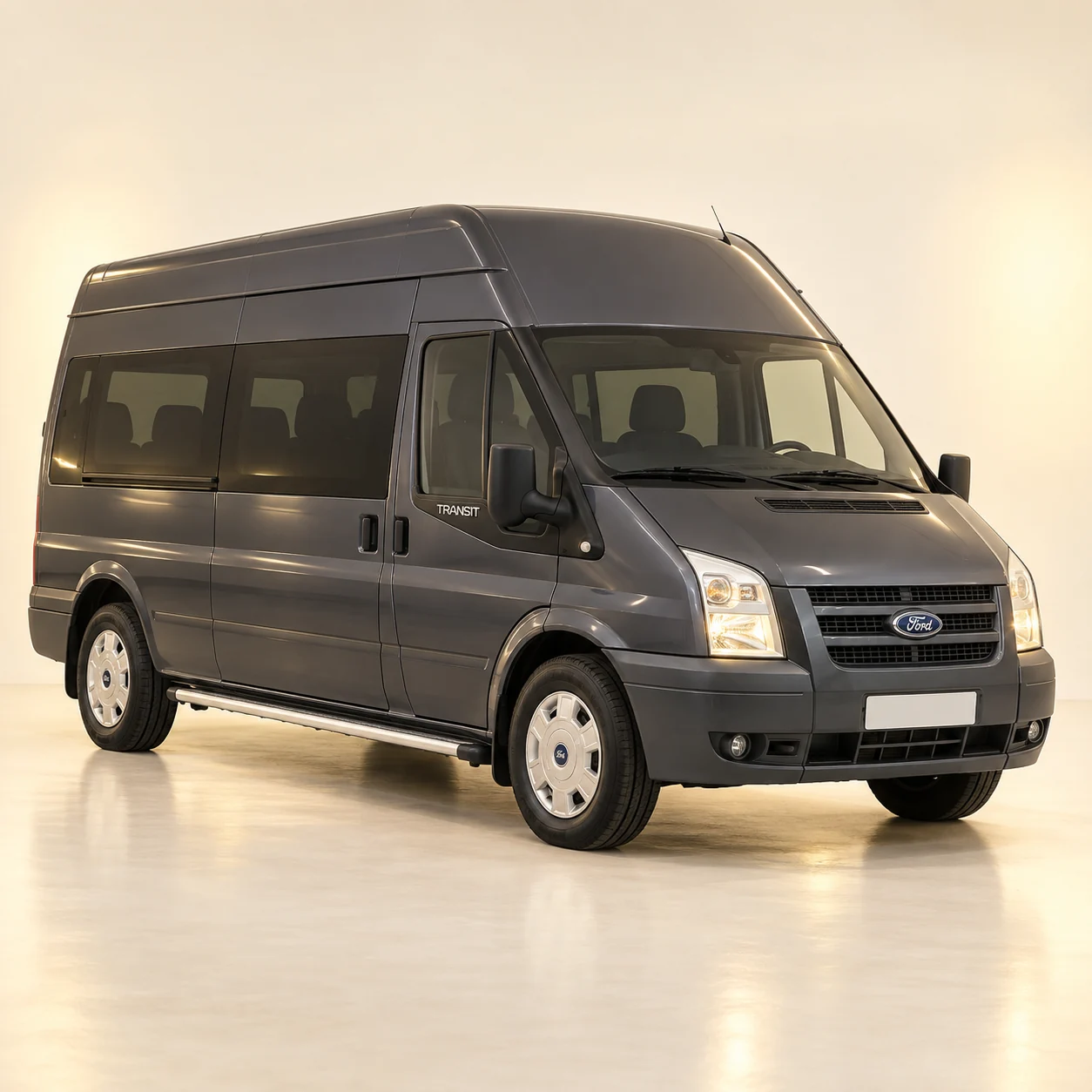 Студийная визуализация тёмного Ford Transit с включёнными фарами